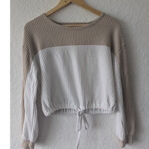 Hollister Waffle Knit Colorblock Cropped Top Tan White Open Back XS